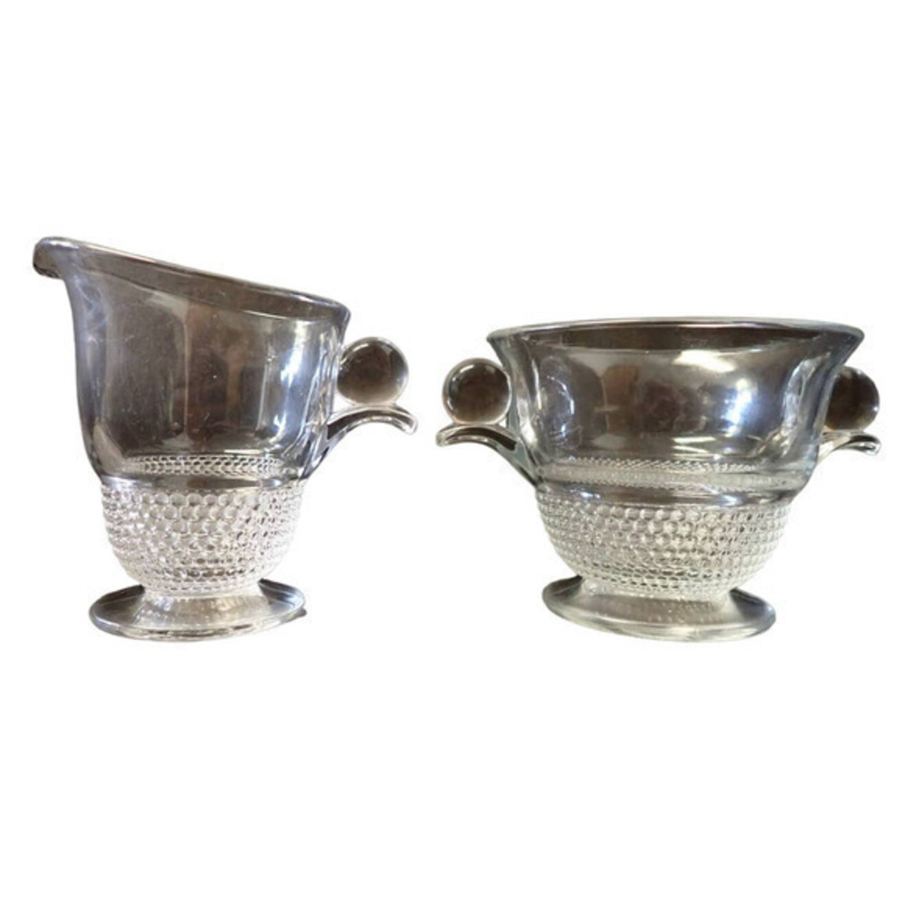 Vintage Duncan & Miller Teardrop Clear ball Handle Glass‎ Creamer and Sugar